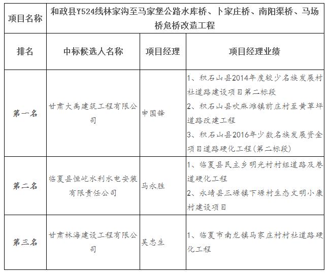 中標候選人項目經理業績