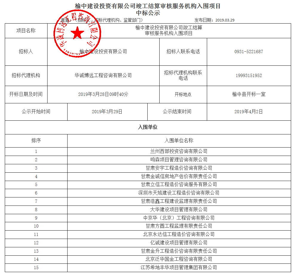 榆中建設投資有限公司竣工結(jié)算審核服務機構(gòu)入圍項目